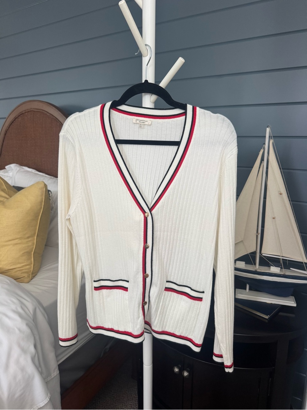 Essentials by Milano Cream Ribbed V-Neck Cardigan with Red & Blue Trim